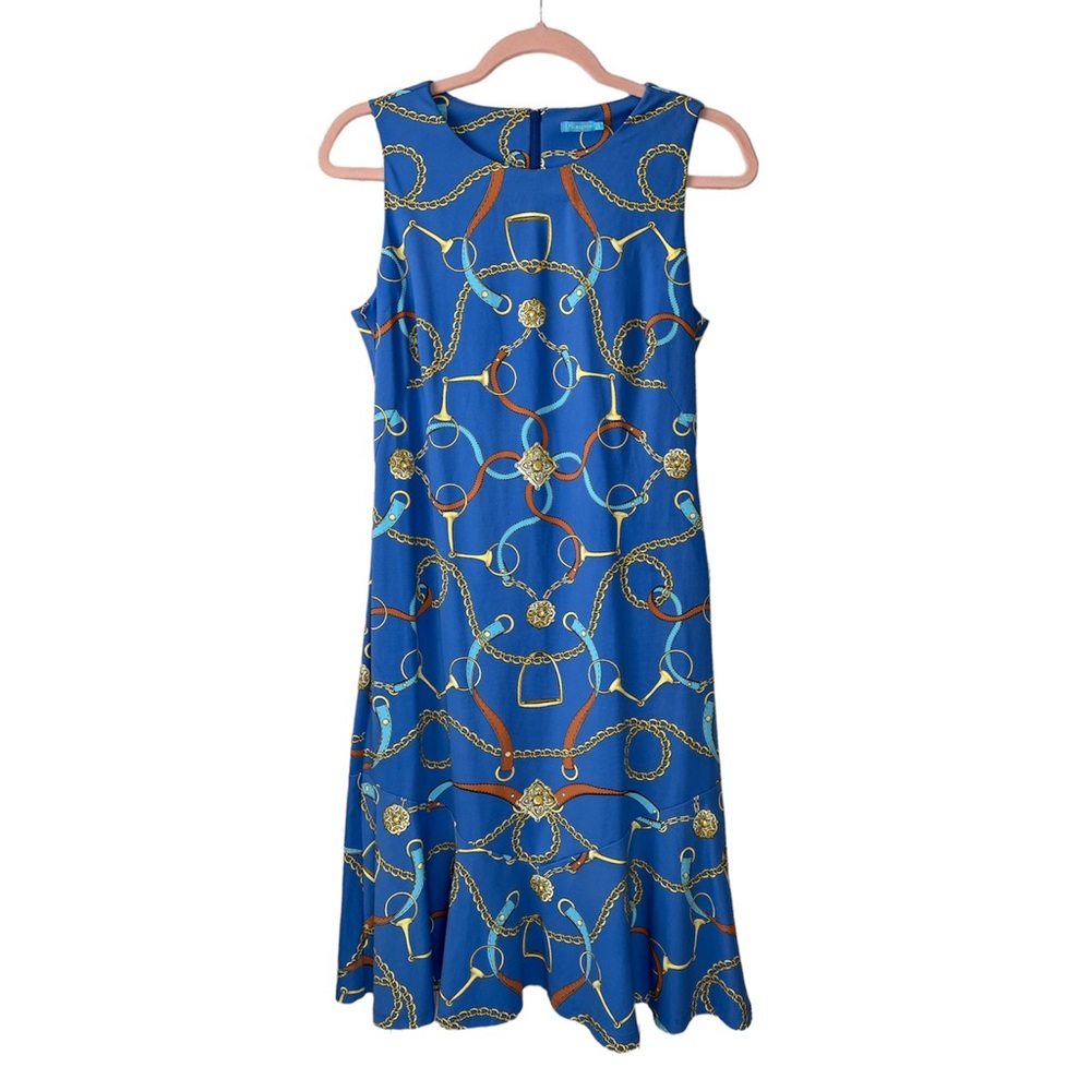 J. McLaughlin Blue and Gold Chain Pattern Midi Dress